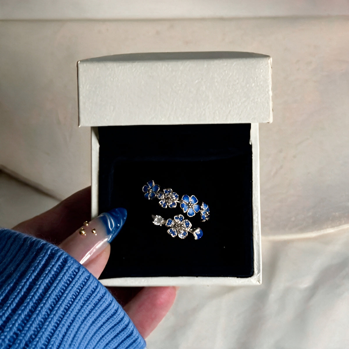 Sakura Cherry Blossom Adjustable Ring - Blue / Silver in gift box