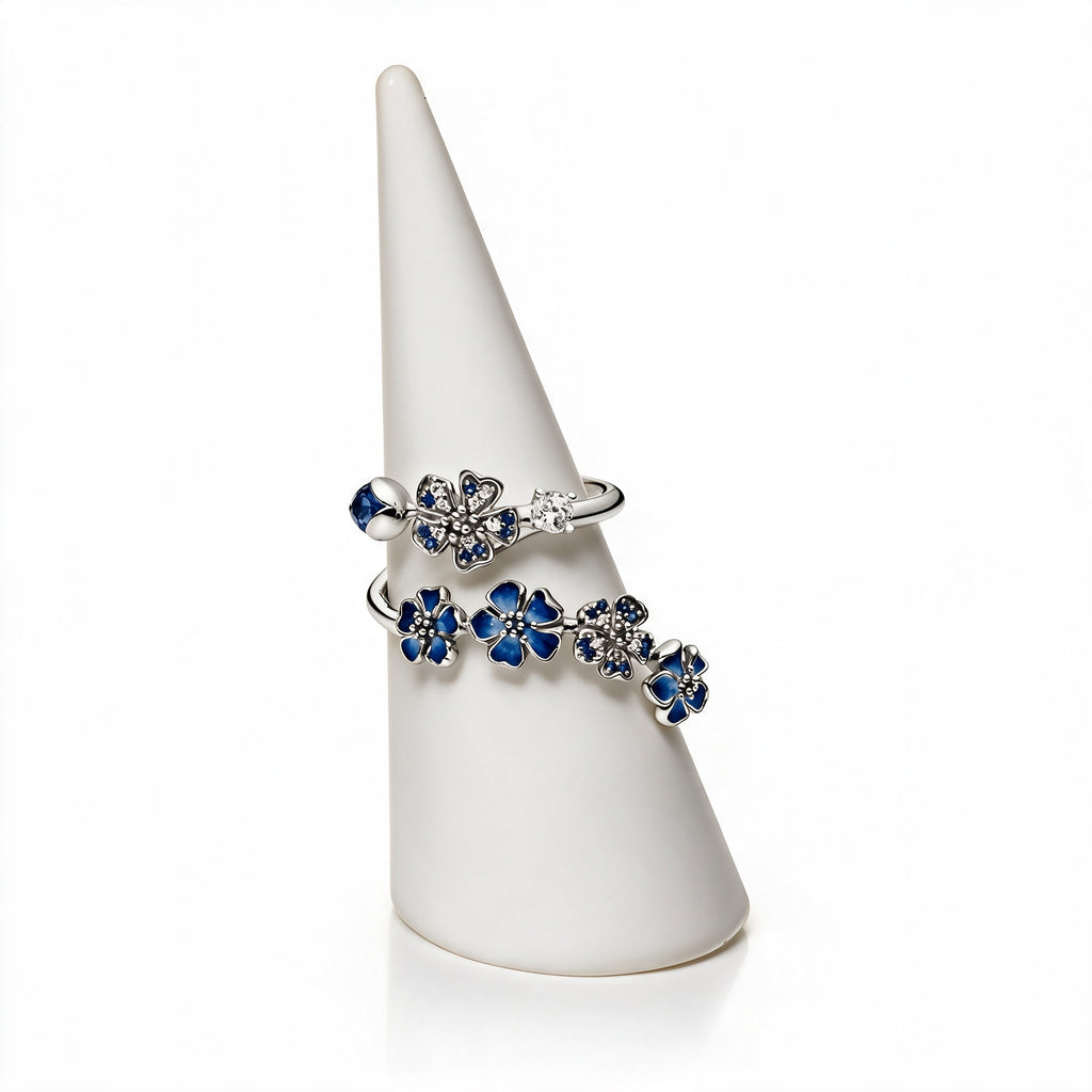 Sakura Cherry Blossom Adjustable Ring - Blue / Silver on display stand