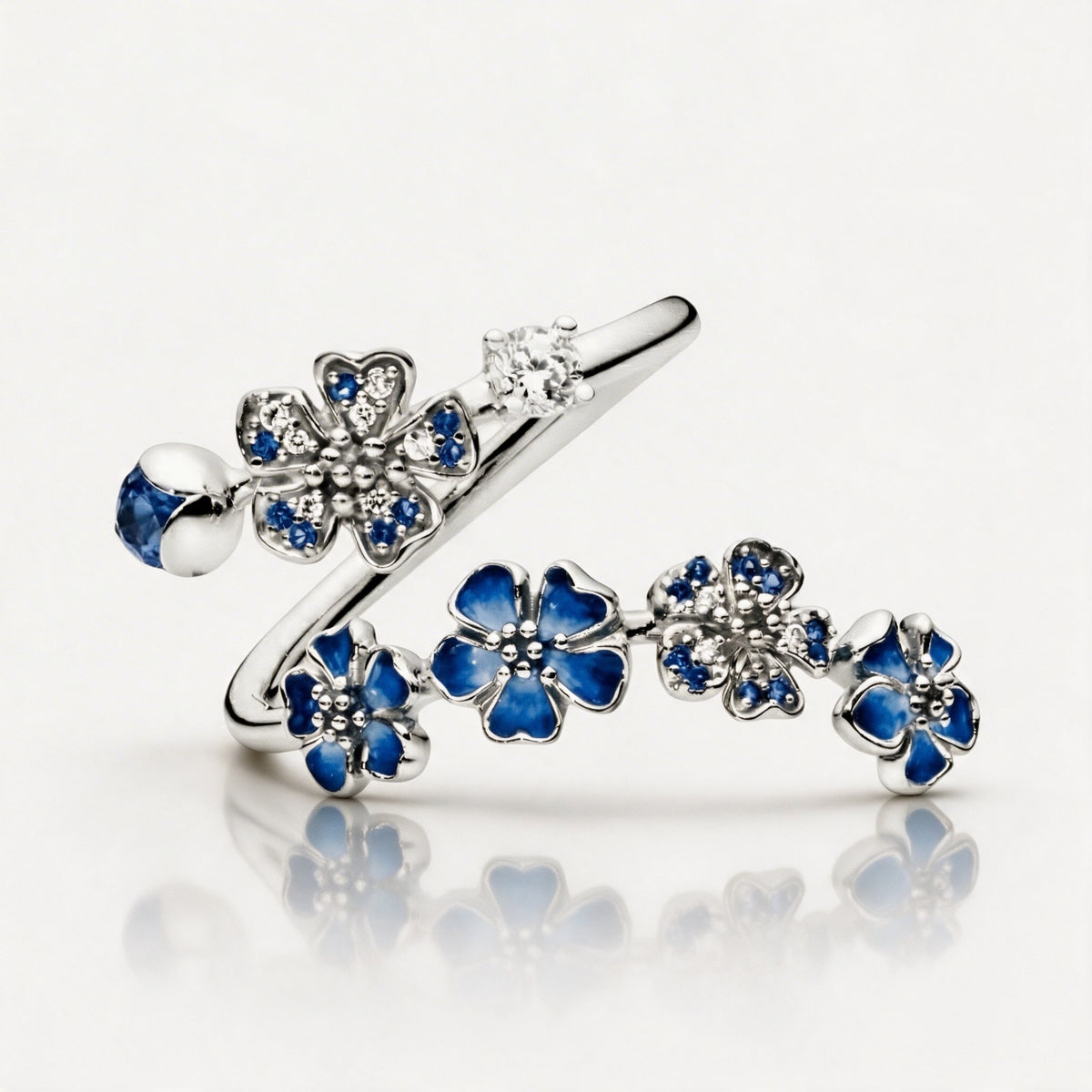 Sakura Cherry Blossom Adjustable Ring - Blue / Silver