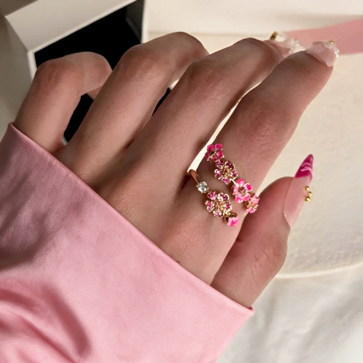 Sakura Cherry Blossom Adjustable Ring - Pink / Rose Gold worn on hand