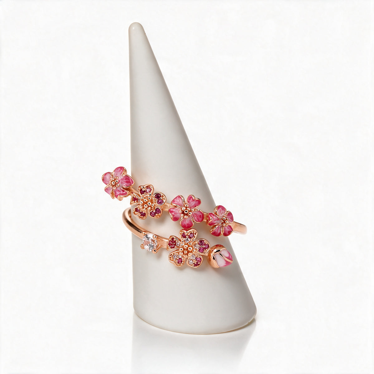 Sakura Cherry Blossom Adjustable Ring - Pink / Rose Gold on display stand